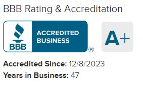 Logo of BBB Accredited Business with A+ rating.